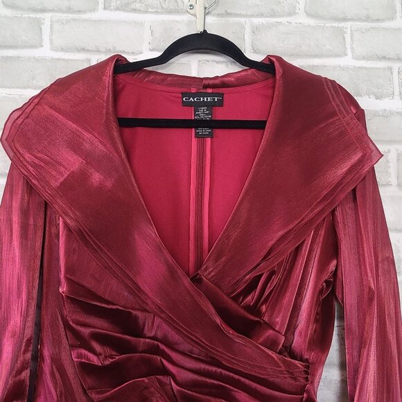 Vintage 90s Cachet Faux Wrap Satin Blouse Burgandy Red Evening Classic Sz 14 - Picture 3 of 9